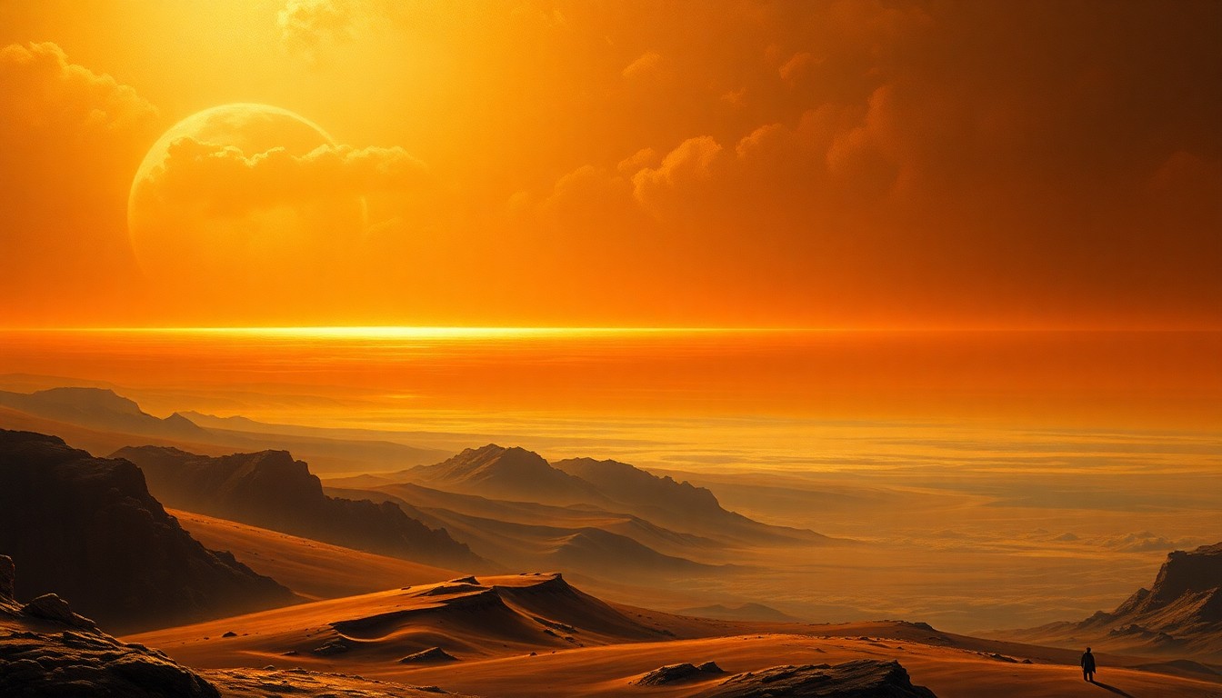 A vast, atmospheric landscape painting in muted earth tones, with a shimmering mirage on the horizon conveying the overwhelming, sublime scale of extreme heat conditions.