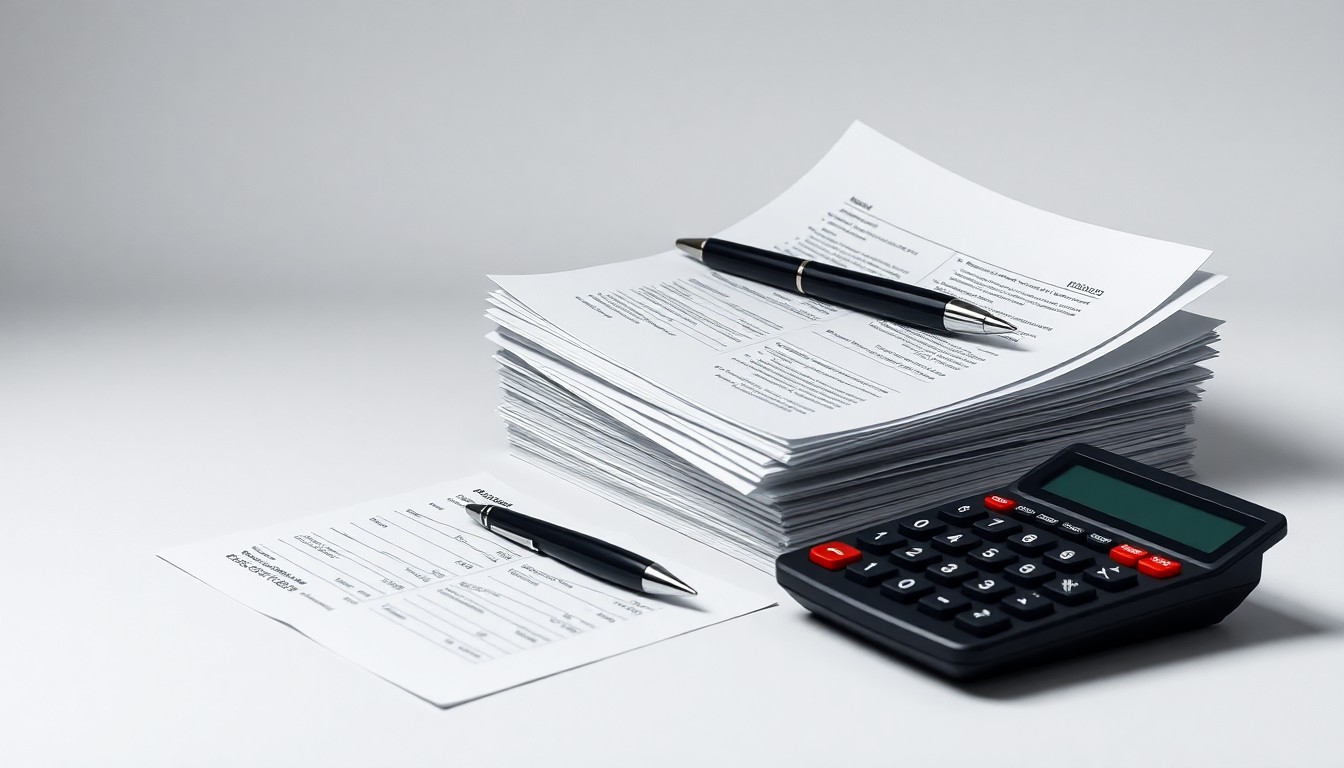 A photorealistic studio still life featuring a stack of financial documents, a pen, and a calculator on a clean, monochromatic background, symbolizing the sophisticated financial strategies and transactions that Ares' Asia teams will be focused on.