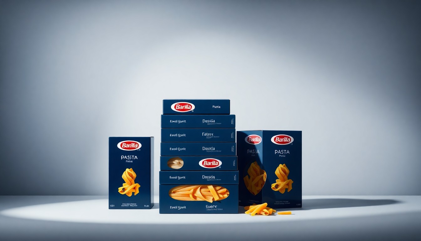 A high-end, photorealistic studio still-life photograph featuring a stack of premium, polished Barilla pasta boxes in various shapes and colors, arranged elegantly on a clean, monochromatic background with dramatic lighting and deep shadows, conceptually representing the company's focus on quality, innovation, and social responsibility.