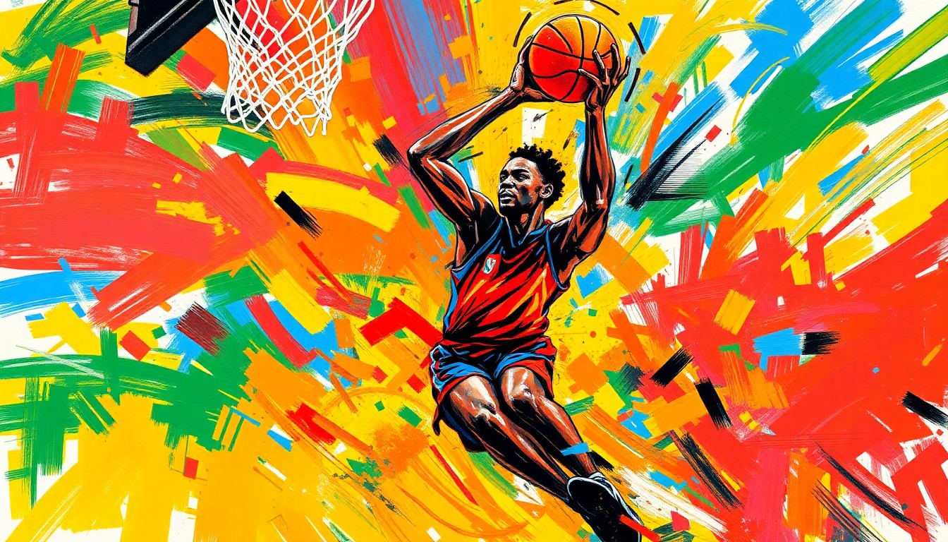 An abstract, energetic painting featuring rapid, neon-colored brushstrokes that capture the dynamic movement and raw athleticism of a basketball player driving to the hoop.