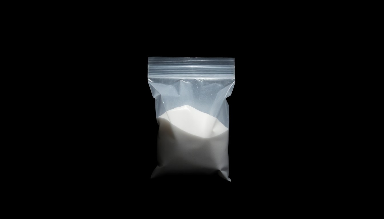 An extreme close-up of a small plastic bag containing white powder, lit by a harsh, direct camera flash against a pitch-black background, conceptually illustrating the physical evidence used to convict a drug dealer who supplied substances to a celebrity.