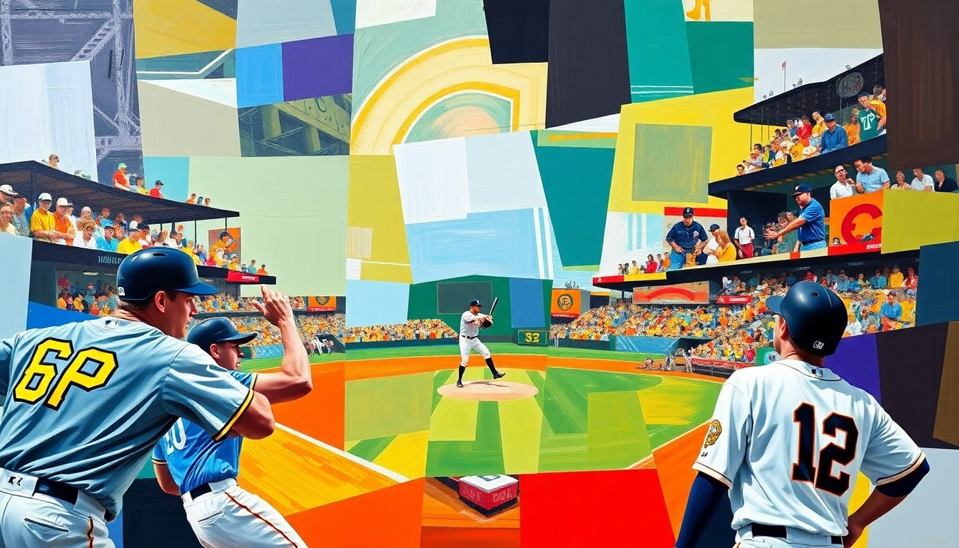 A fractured, cubist-style painting depicting a baseball player in motion, with the player's body and the field of play broken down into sharp, overlapping geometric shapes in the Pirates' team colors of black, gold, and red.