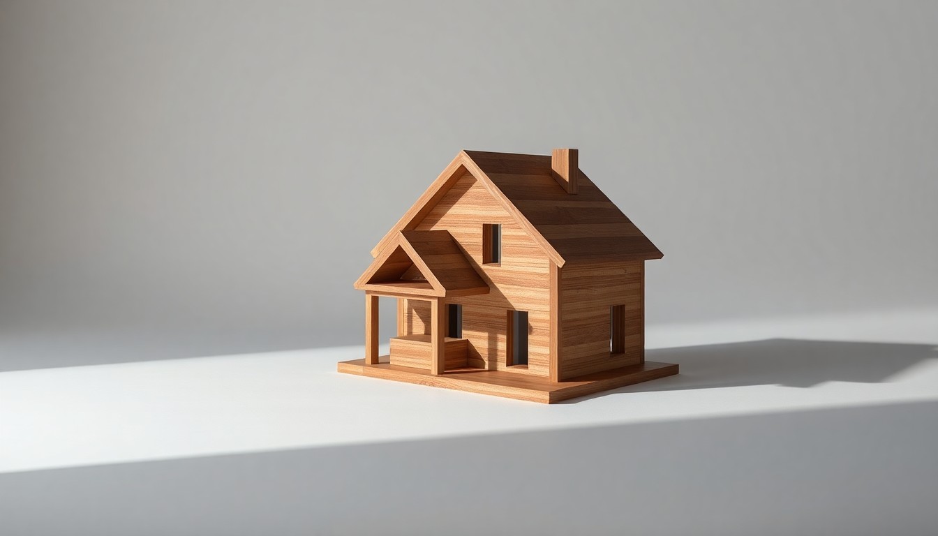 A photorealistic studio photograph of a polished, geometric wooden model home sculpture in warm brown tones, resting on a clean white seamless background with dramatic lighting and deep shadows, conceptually representing the abstract market forces impacting the housing industry.