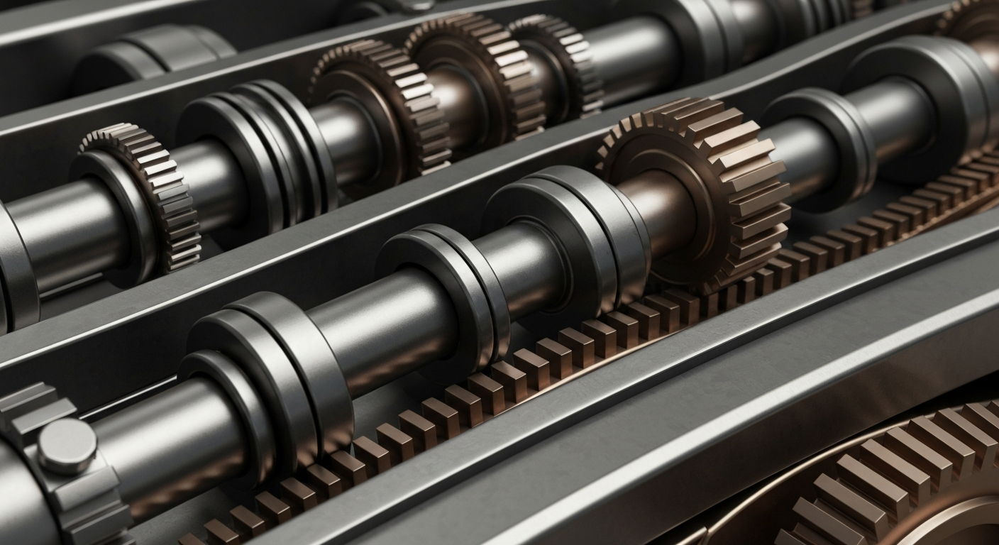 An extreme close-up of interlocking metal gears and machinery in shades of grey, bronze, and chrome, conceptually representing the institutional infrastructure and mechanics of the mortgage finance industry.