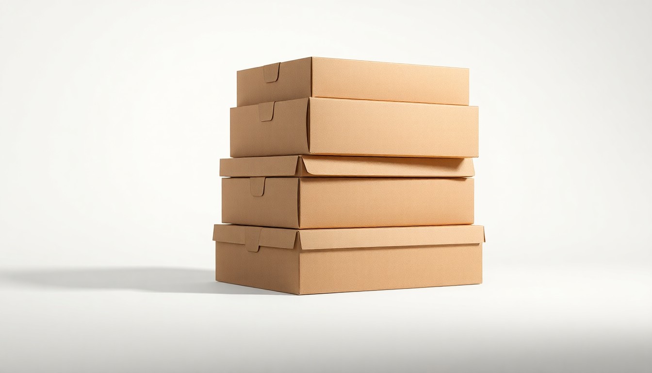 A high-end, photorealistic studio still-life photograph featuring a stack of premium, matte-finished honeycomb mailer boxes in earthy brown and gray tones, arranged elegantly on a clean, monochromatic seamless background, conceptually representing the abstract concepts of sustainability, automation, and supply chain efficiency in the packaging industry.