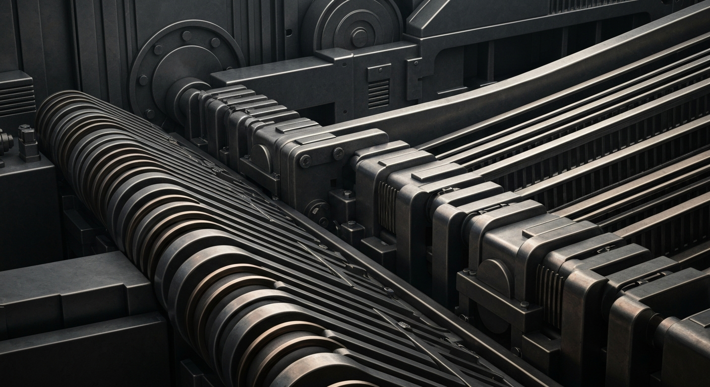 An extreme close-up of intricate, industrial-scale banking equipment and mechanisms, conveying the complex, high-stakes world of global finance without using any literal currency or financial symbols.