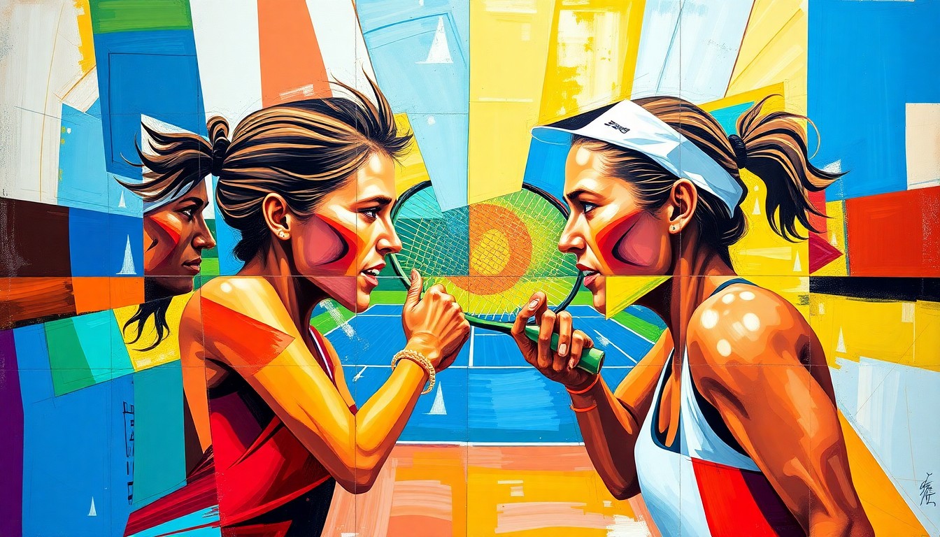 A cubist, geometric painting depicting a tennis match between two players, with sharp, overlapping planes of color representing the intensity and strategy of the game.