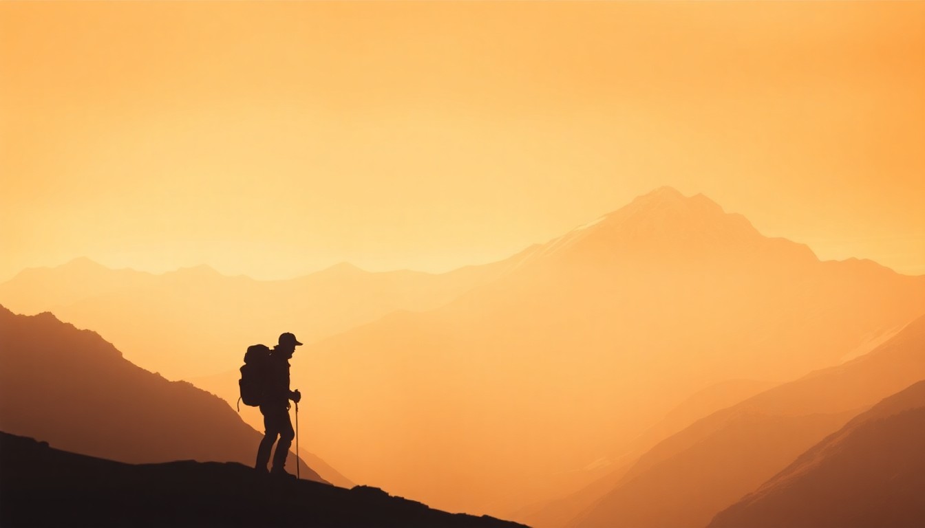 A dreamy, impressionistic photograph showing the silhouette of a lone mountaineer against a backdrop of snow-capped peaks, conveying the enduring spirit of adventure and exploration embodied by Jim Whittaker.