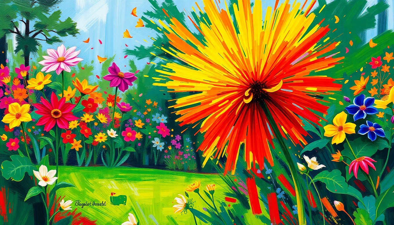 An abstract, energetic painting featuring bold, sweeping brushstrokes in vibrant neon greens, pinks, and purples, conceptually representing the diverse array of flowers, plants, and greenery found at the Augusta National Golf Club during the Masters tournament.