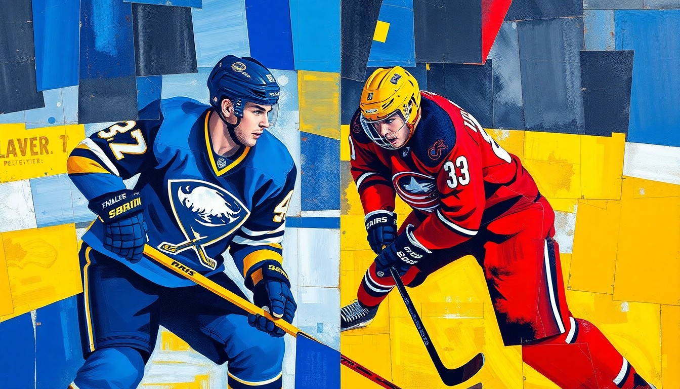 A cubist, geometric painting depicting a hockey game, with overlapping planes of blue, red, and yellow representing the teams' uniforms and the dynamic action on the ice.