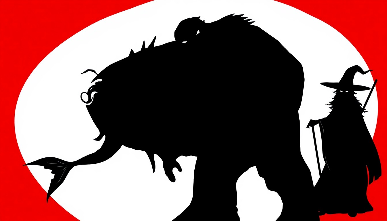 A minimalist, abstract illustration featuring black silhouettes of a mermaid, a giant, and a witch set against a high-contrast red and white background, conceptually representing the fantastical elements of the 'Big Fish' musical.