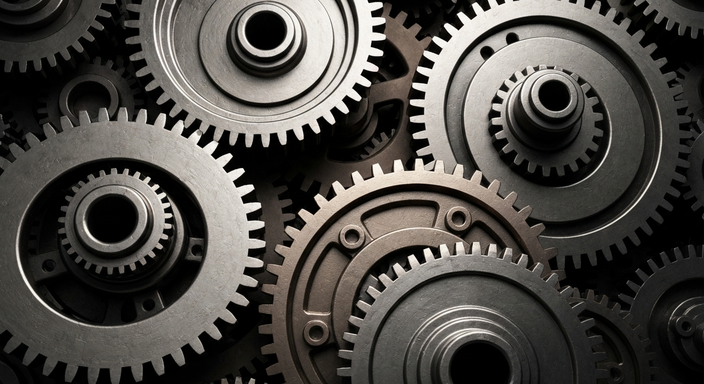 A highly detailed, cinematic close-up image of heavy, industrial banking machinery and gears in shades of steel, bronze, and black, conveying the complex, institutional nature of financial markets.