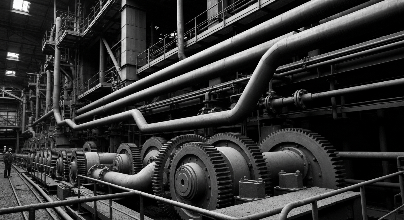 A high-contrast black and white close-up image of the gears, pipes, and machinery of a modern steel mill, representing the tangible assets and production capabilities that drive Algoma Steel's business.