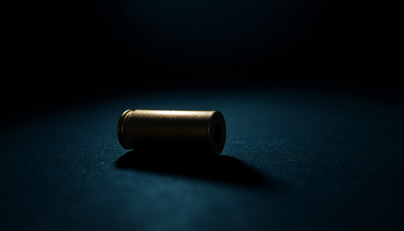 An extreme close-up photograph of a single bullet casing on a dark surface, lit by a harsh, direct camera flash, conceptually representing the aftermath of a fatal home shooting incident.