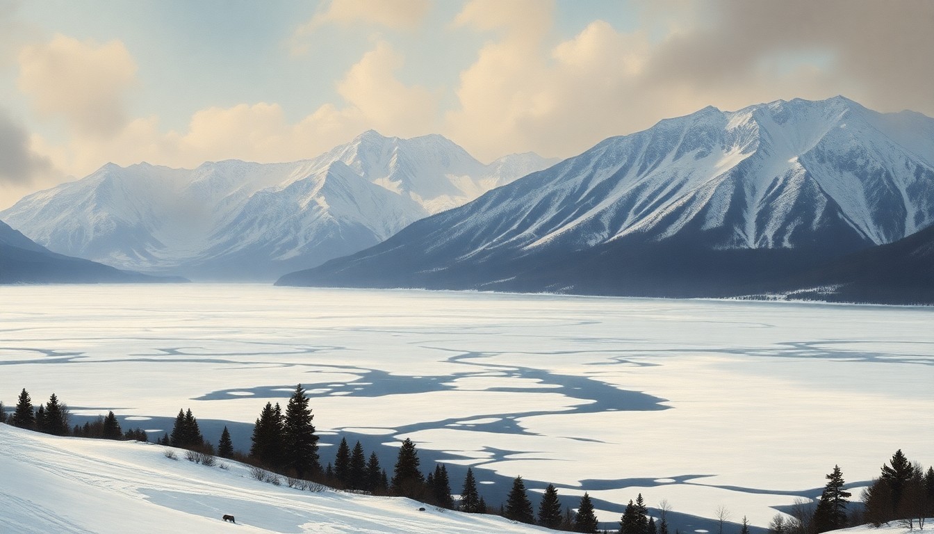 A sweeping, atmospheric landscape painting depicting a vast, frozen reservoir with minimal snowpack and ice cover, conveying the overwhelming scale and melancholy of the drought conditions in Colorado.