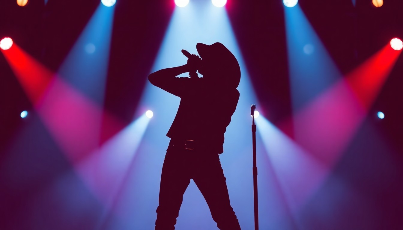 A dramatic, minimalist silhouette of a country music singer performing on stage, with bold red, white, and blue shapes and dramatic lighting, conceptually representing the energy and patriotism of Rexburg's America 250 celebration.