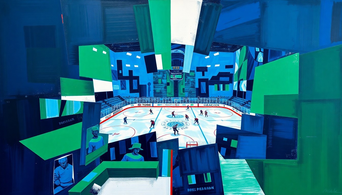 A fractured, geometric painting depicting a hockey game, with sharp planes of navy, green, and white representing the action on the ice.