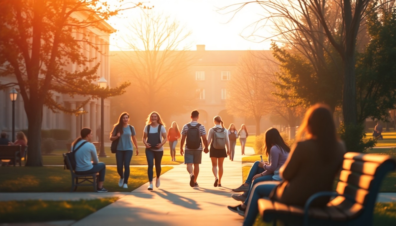 An abstract, impressionistic photograph of college students strolling and sitting together on a campus, their figures blurred in a warm, soft wash of light and color.