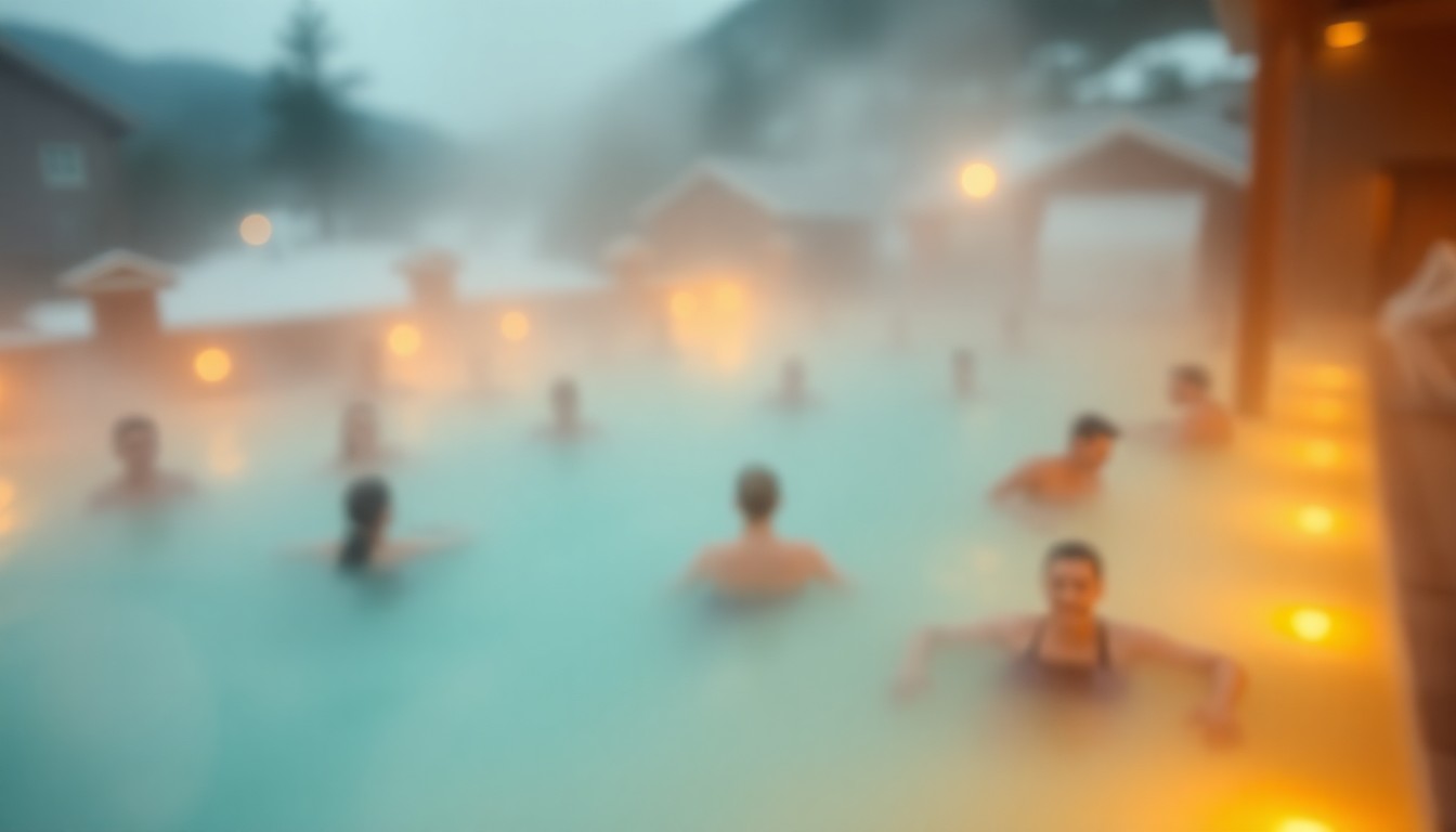 An impressionistic, out-of-focus photograph showing the blurred silhouettes of people relaxing in the steaming waters of the Ouray Hot Springs Pool, with the surrounding landscape and buildings obscured in a hazy, dreamlike wash of warm colors.