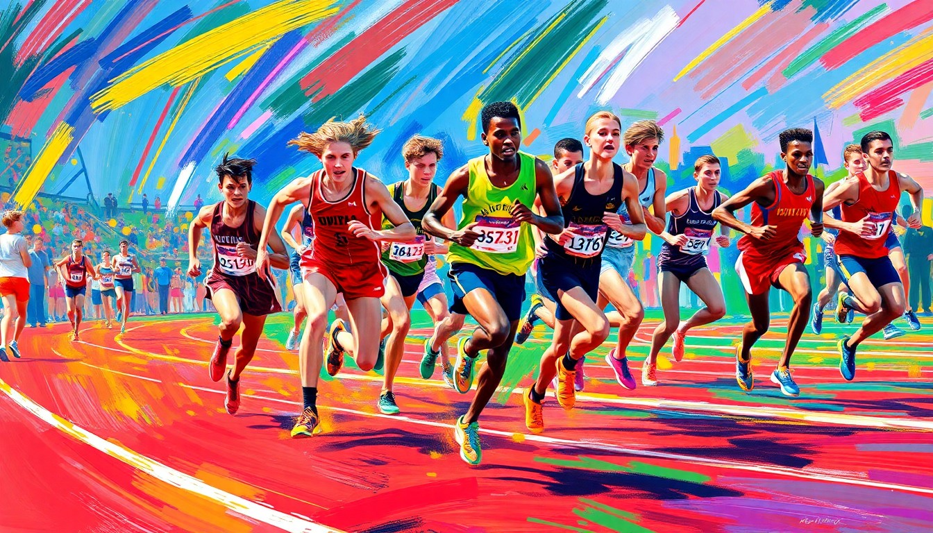 An abstract, expressionistic painting in vibrant neon colors, with rapid brushstrokes capturing the dynamic movements and intense effort of high school track and field athletes competing in a meet.