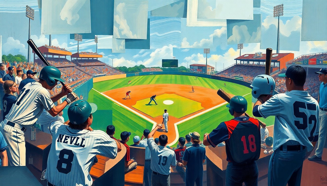 A fragmented, geometric painting depicting the dynamic movements and competition of a high school baseball game, with players, bats, and baseballs rendered in an abstract, cubist style.