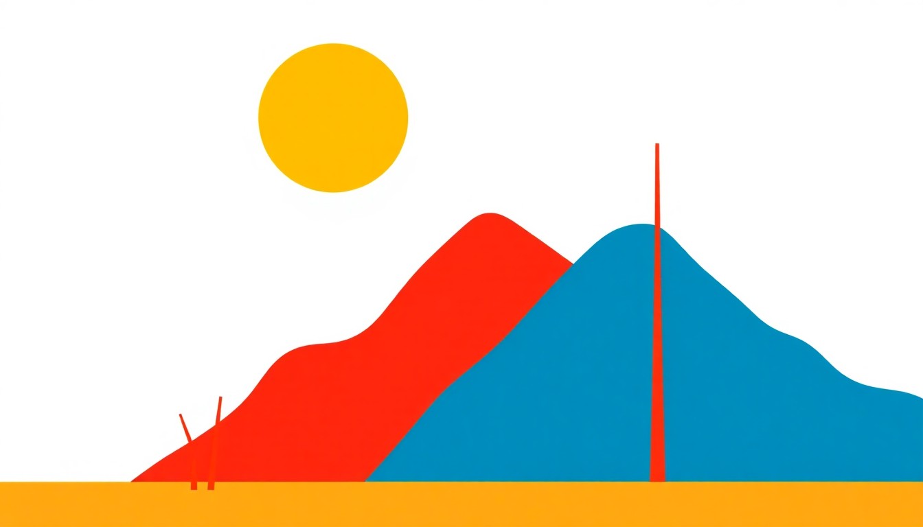 A dynamic abstract composition of overlapping triangles and circles in shades of blue, green, and yellow, conceptually representing the shift toward renewable energy at the Salt River Project utility.