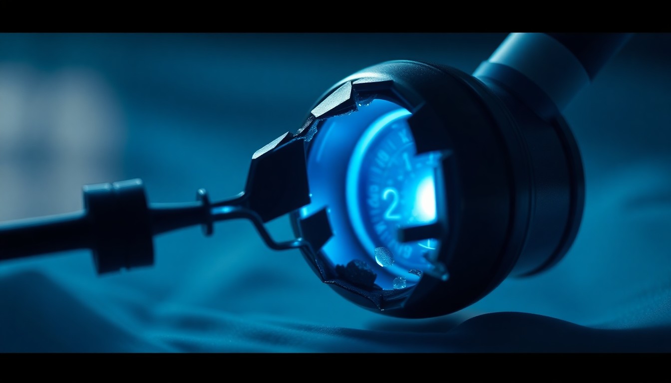 An abstract, high-contrast close-up photograph of a shattered medical instrument reflecting a soft blue light, conveying a sense of uncertainty and tension surrounding a character's fate on a TV drama.