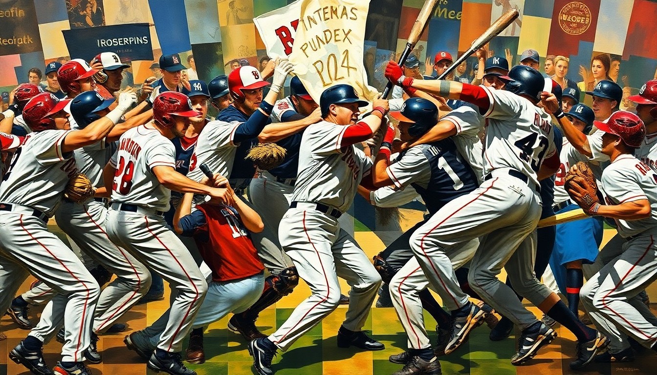 A fragmented, geometric painting depicting the tangled limbs and uniforms of baseball players engaged in a physical confrontation on the field, conveying the intensity and chaos of the moment.
