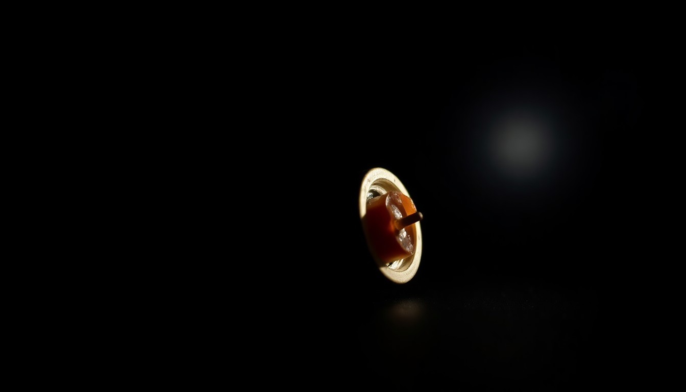 An extreme close-up of a metallic bullet fragment or spent shell casing, starkly lit by a harsh camera flash against a dark background, conveying the gritty, investigative nature of the crime scene.