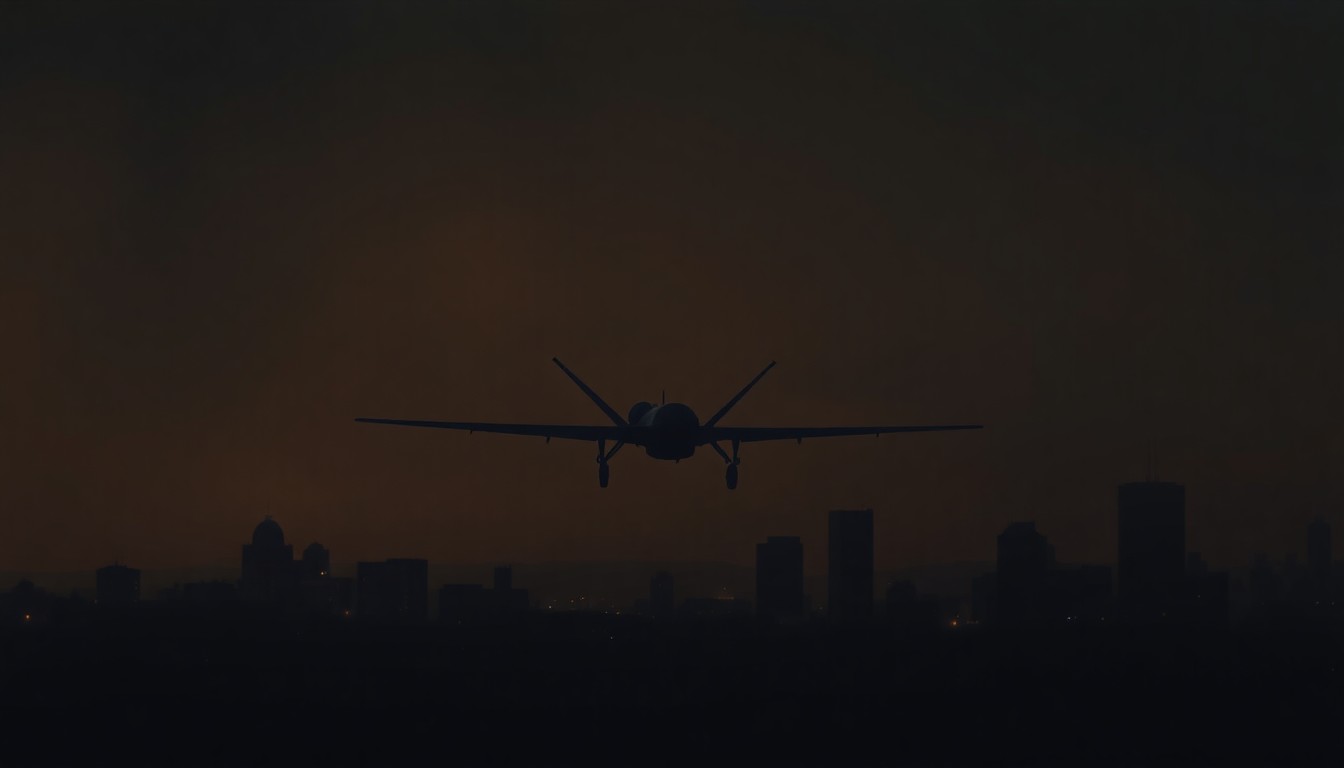 A moody, atmospheric painting depicting a lone military drone or missile hovering over a dimly lit urban landscape, capturing the somber, uncertain mood surrounding the controversial decision to go to war.