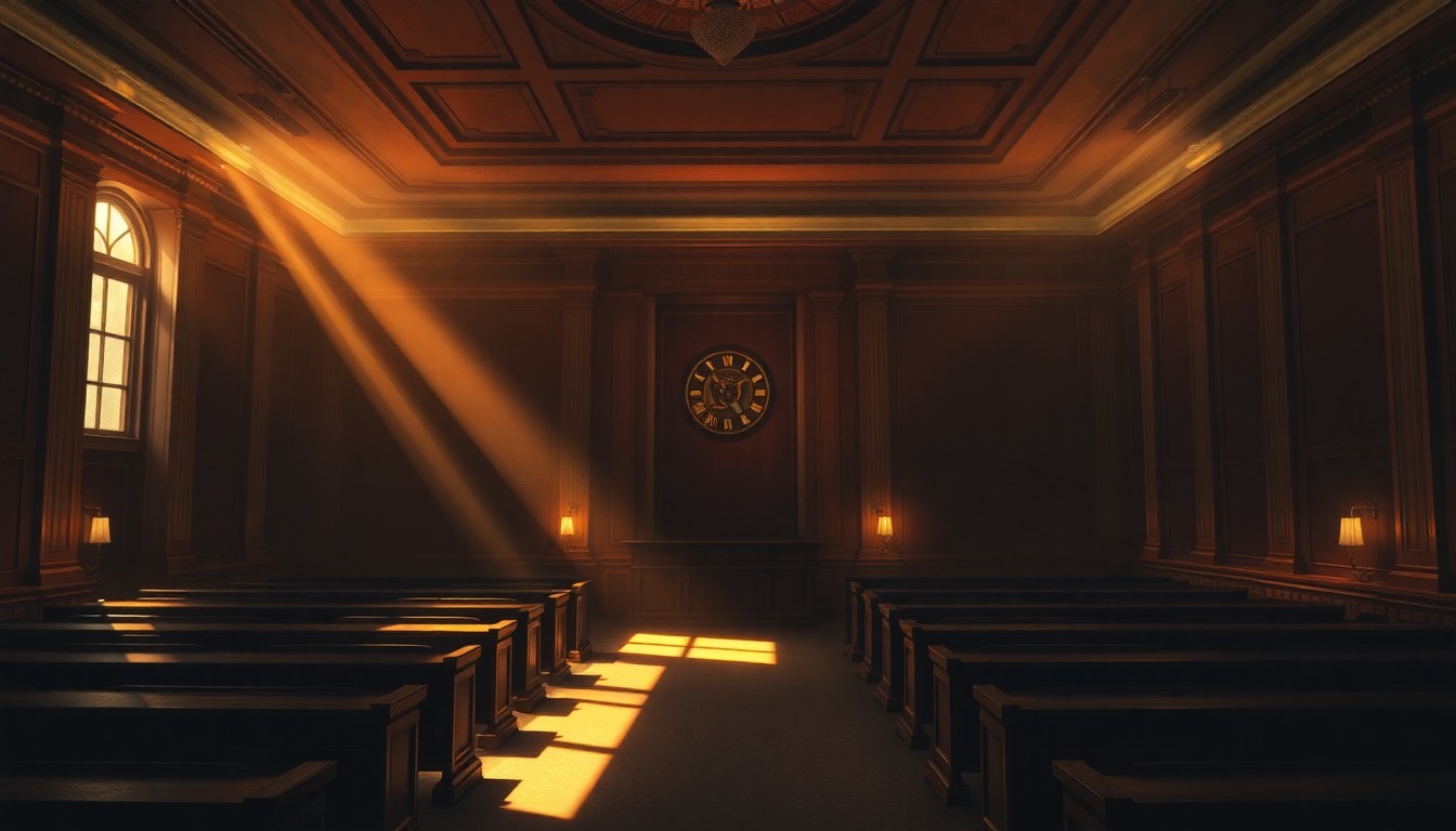 A quiet, cinematic painting of an empty city council chamber, with warm sunlight streaming through the windows and deep shadows casting a somber mood, conceptually illustrating the lack of representation for Estacada residents.