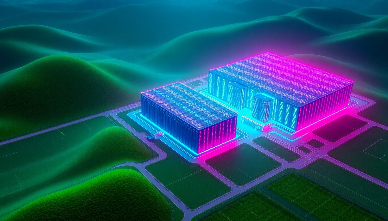 A highly detailed, glowing 3D illustration of a massive data center complex surrounded by rolling green hills and farmland, with the buildings illuminated by neon cyan and magenta lights, conceptually representing the tension between digital technology and the natural environment.