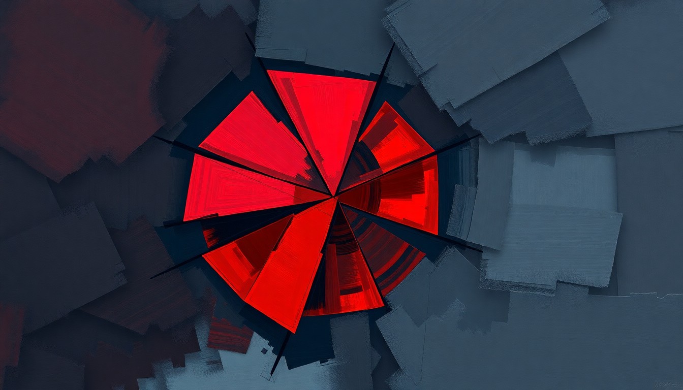 A dynamic, fragmented painting featuring overlapping geometric shapes and brushstrokes in shades of red, blue, and grey, conveying a sense of political instability and unrest.