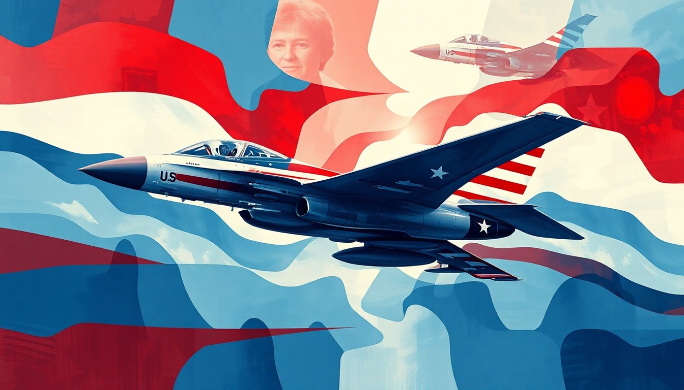 A dynamic, abstract painting featuring overlapping geometric shapes and brushstrokes in red, white, and blue, conceptually representing the political and military tensions between the United States and Iran.