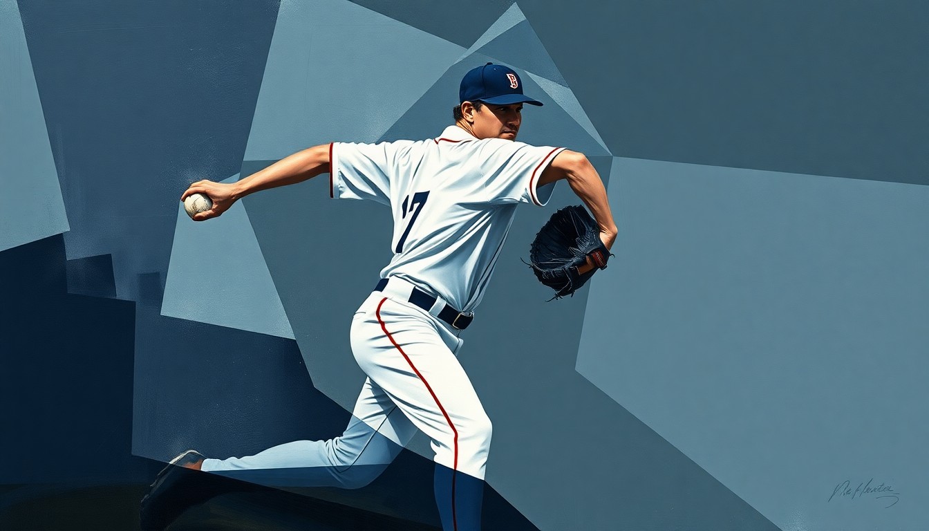 A fragmented, cubist-style painting depicting the motion of a baseball pitcher broken down into sharp, overlapping geometric shapes in a muted color palette, conceptually representing the challenges a Korean prospect faces in his quest to reach the major leagues.