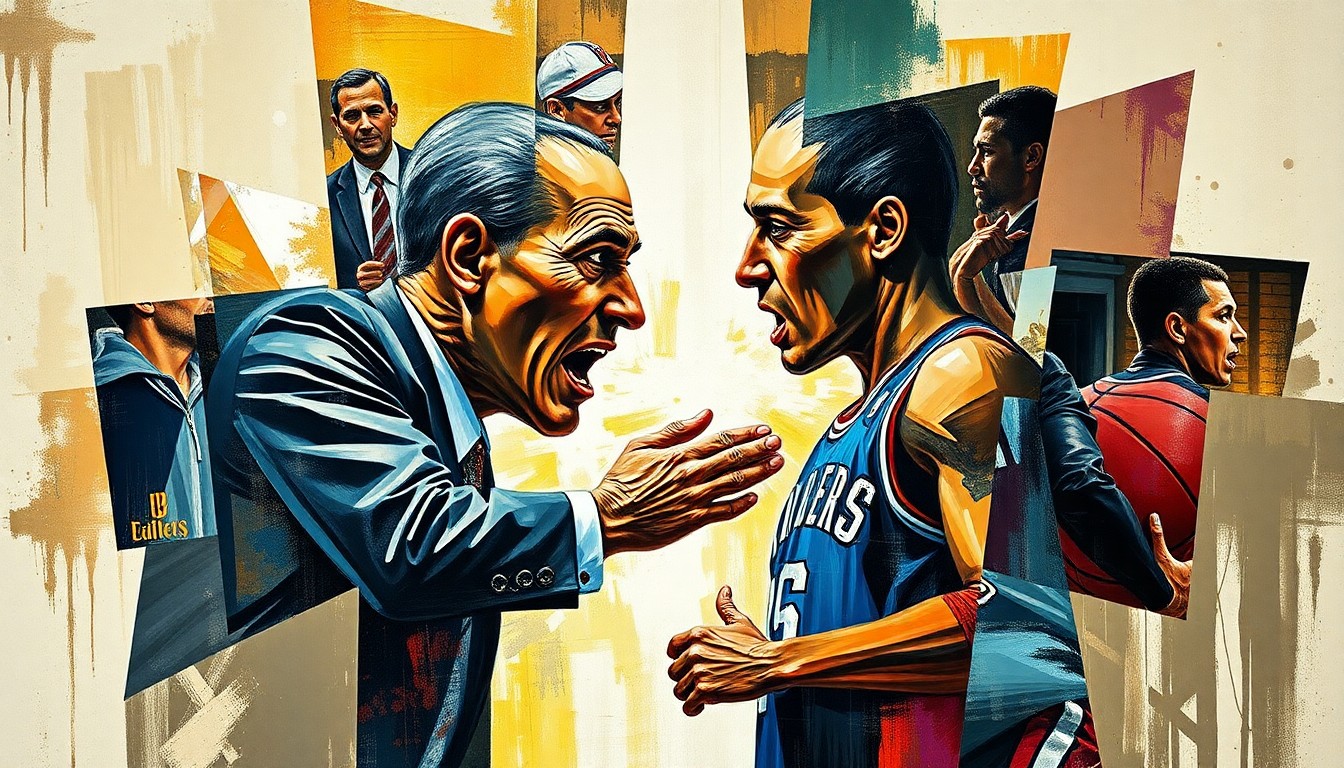 A cubist, geometric painting depicting the confrontation between a basketball coach and player, with sharp, overlapping planes of color and form representing the intensity and complexity of the situation.