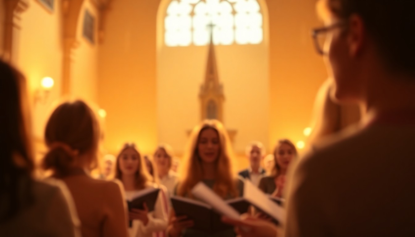 An abstract, impressionistic photograph in soft, warm tones depicting the blurred silhouettes of people singing in a church, with the outline of a steeple visible in the background, conveying a sense of community, faith, and musical celebration.