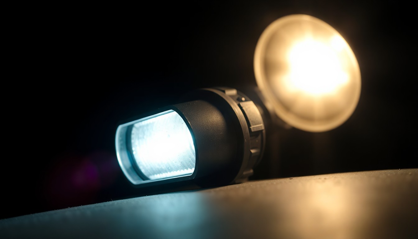 An extreme close-up of a damaged car sensor or traffic signal component, its surface texture and details dramatically illuminated by a harsh, direct camera flash against a pitch-black background, conceptually illustrating the dangerous driving conditions on Randall Road.