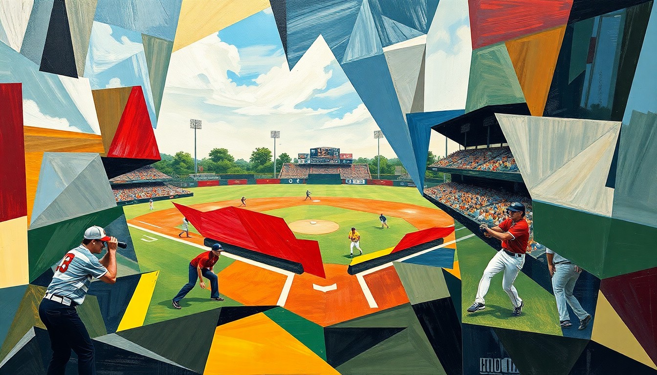 A cubist, geometric painting depicting the action of a high school baseball game, with players and the field of play broken down into abstract shapes and planes of color.