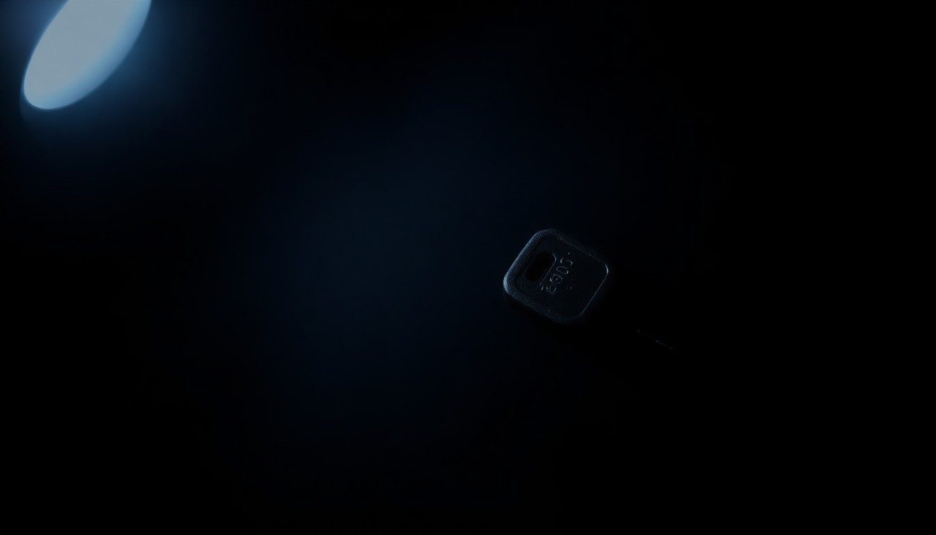 An extreme close-up photograph of a small motorboat key against a pitch-black background, lit by a harsh, direct camera flash, conceptually representing the mysterious circumstances surrounding Lynette Hooker's disappearance.