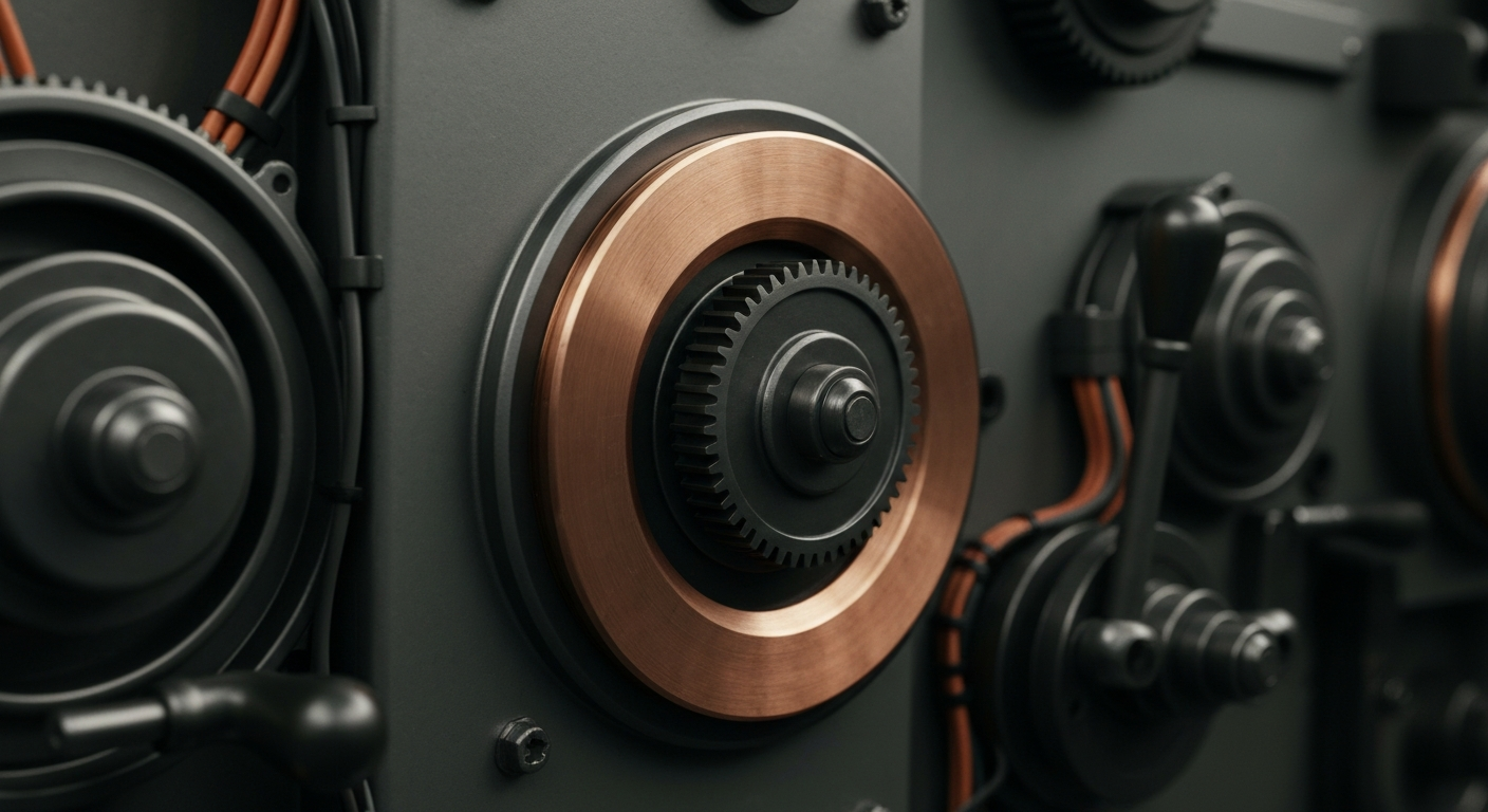 A highly detailed, macro-level view of gears, levers, and other heavy industrial banking equipment, conveying a sense of the complex, mechanical nature of financial markets and institutions.