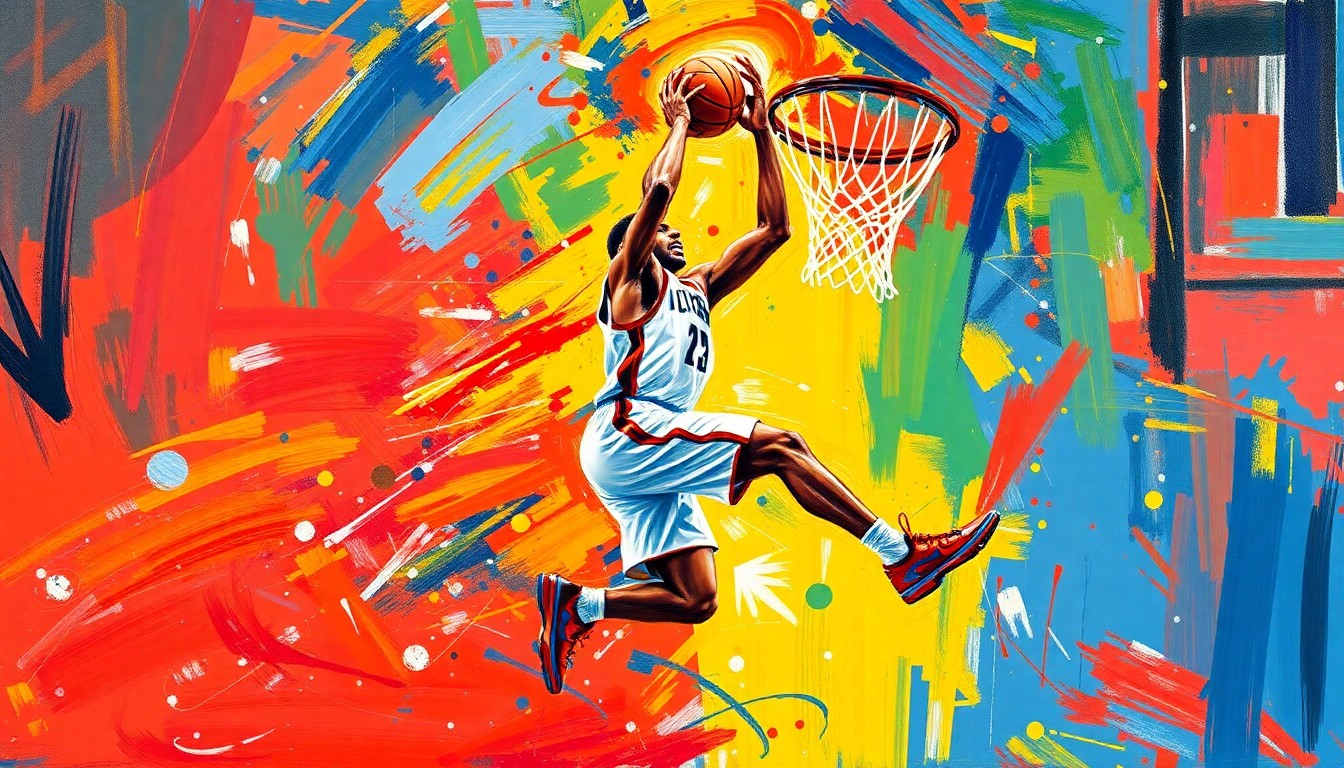 An abstract, neon-colored expressionist painting depicting the explosive energy and movement of a basketball player driving to the hoop, with vibrant brushstrokes and a sense of raw power.