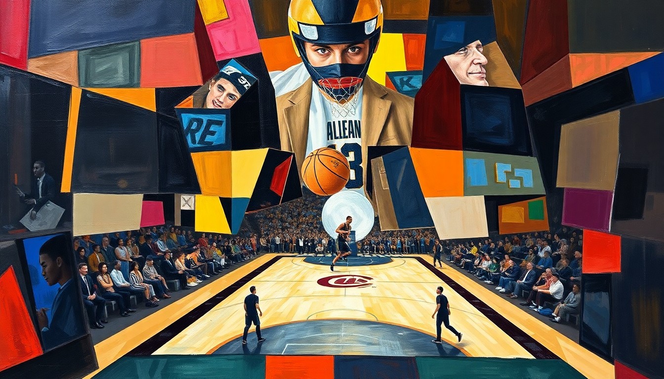 A cubist-style painting depicting a basketball game, with the players and court broken down into sharp, overlapping geometric shapes and planes in a vibrant color palette.