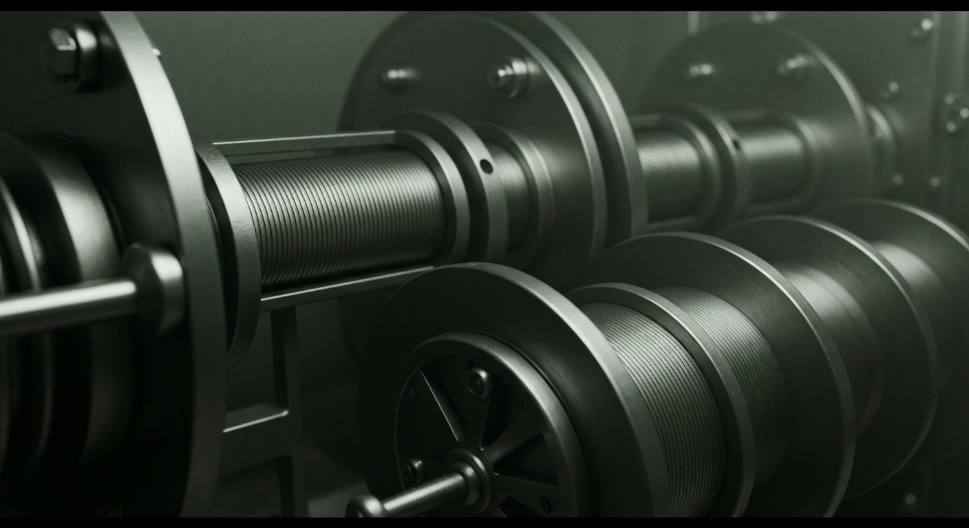 An extreme close-up of intricate, metallic banking equipment and mechanisms, conveying a sense of institutional financial security and power through heavy industrial imagery.