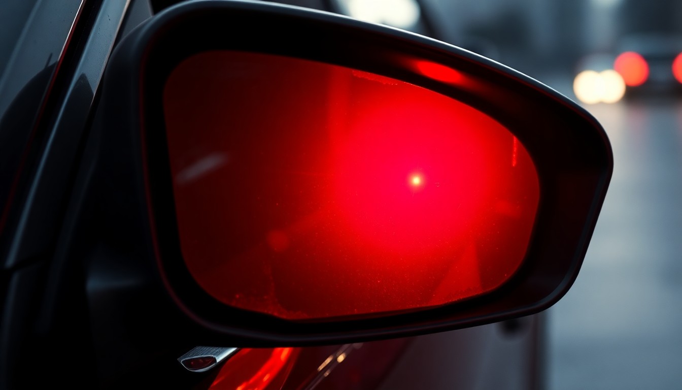An extreme close-up photograph of a car's damaged side mirror, reflecting a faint red light, conceptually illustrating the aftermath of a violent domestic incident involving a vehicle.