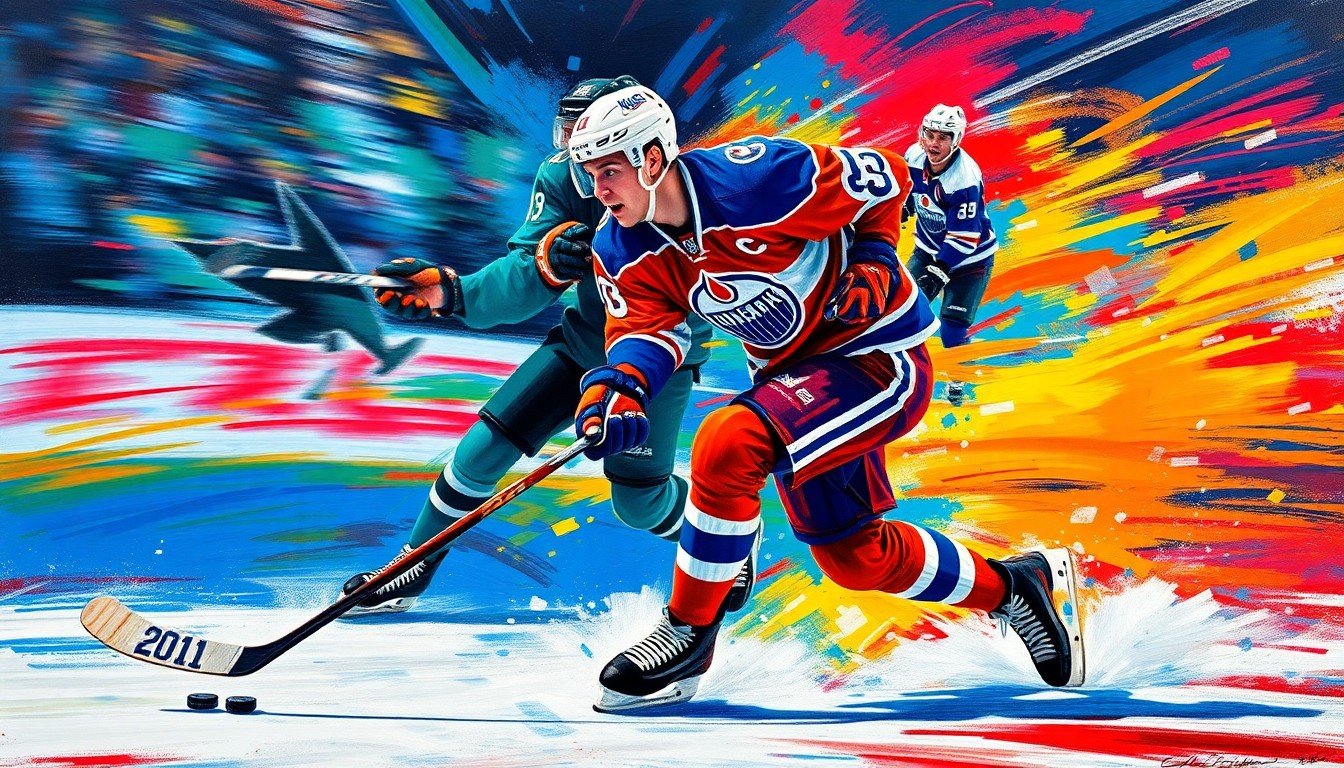 A vibrant, expressionist painting depicting the raw energy and speed of Connor McDavid as he powers through the Sharks' defense, the puck trailing behind him in a blur of motion.