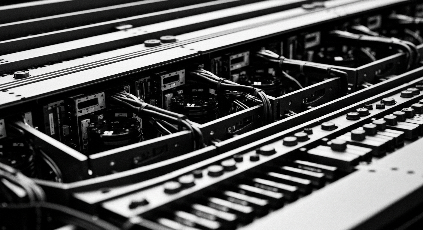 A high-contrast, black and white close-up image of the complex mechanical components and hardware that power a modern financial trading platform, conveying the industrial, impersonal nature of institutional finance.