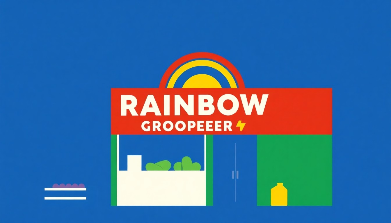 A composition of overlapping triangles in shades of green, yellow, and blue, conceptually representing the community-driven values and longevity of the Rainbow Grocery Cooperative.