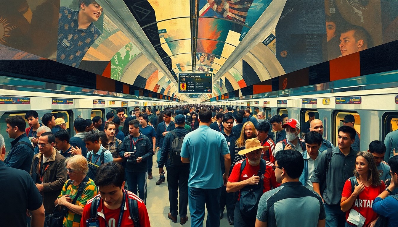 A cubist, geometric painting depicting a fragmented, multi-perspective view of a crowded train platform, with abstract figures representing commuters and World Cup fans.