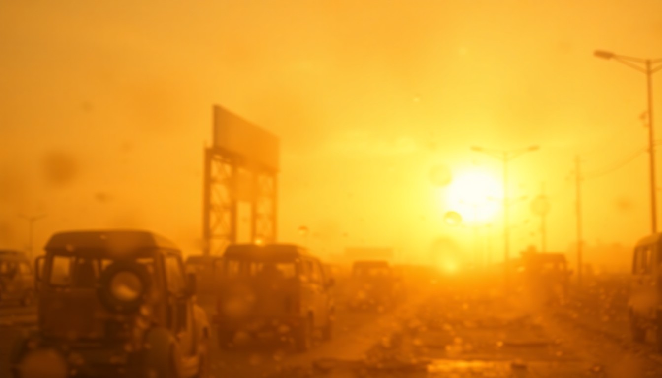 An abstract, impressionistic scene of blurred, warm-toned shapes and colors representing the industrial landscape of a junk vehicle graveyard.
